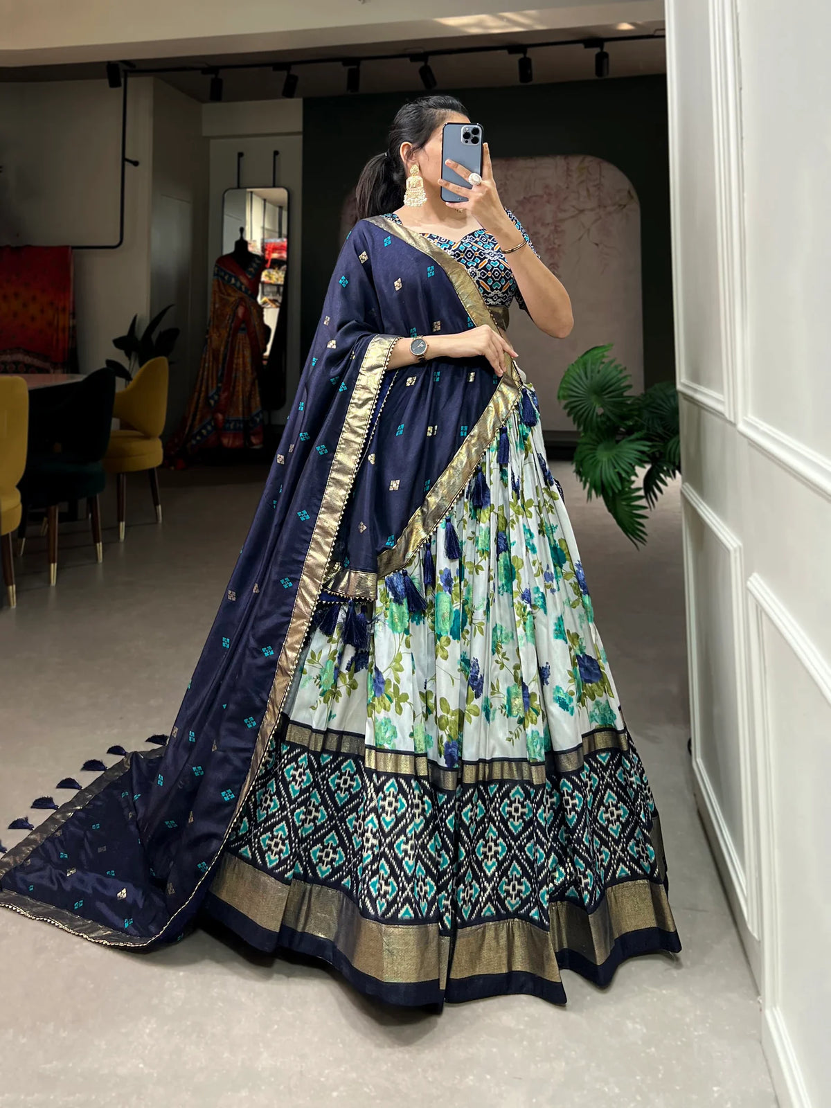 White & Navy-Blue Floral Printed Silk Traditional Lehenga Choli