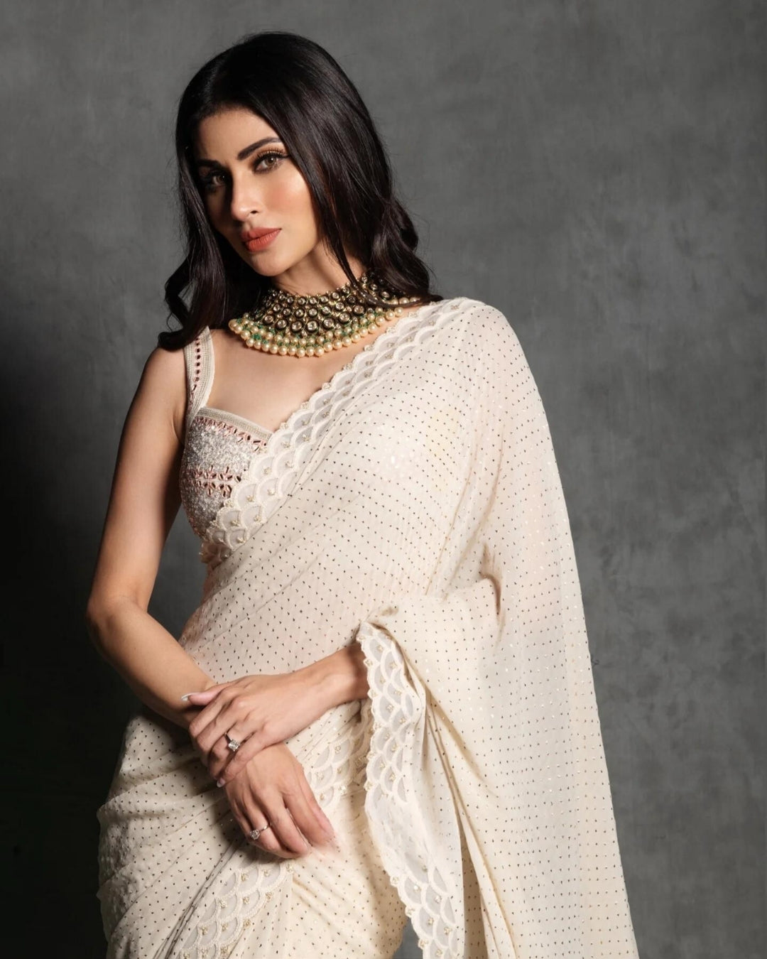 Mouni Roy Ivory Mukaish Work Saree | Elegant and Radiant Ethnic Wear