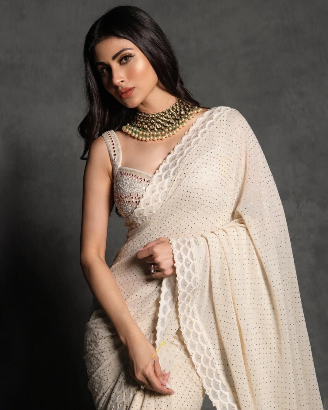 Mouni Roy Ivory Mukaish Work Saree | Elegant and Radiant Ethnic Wear