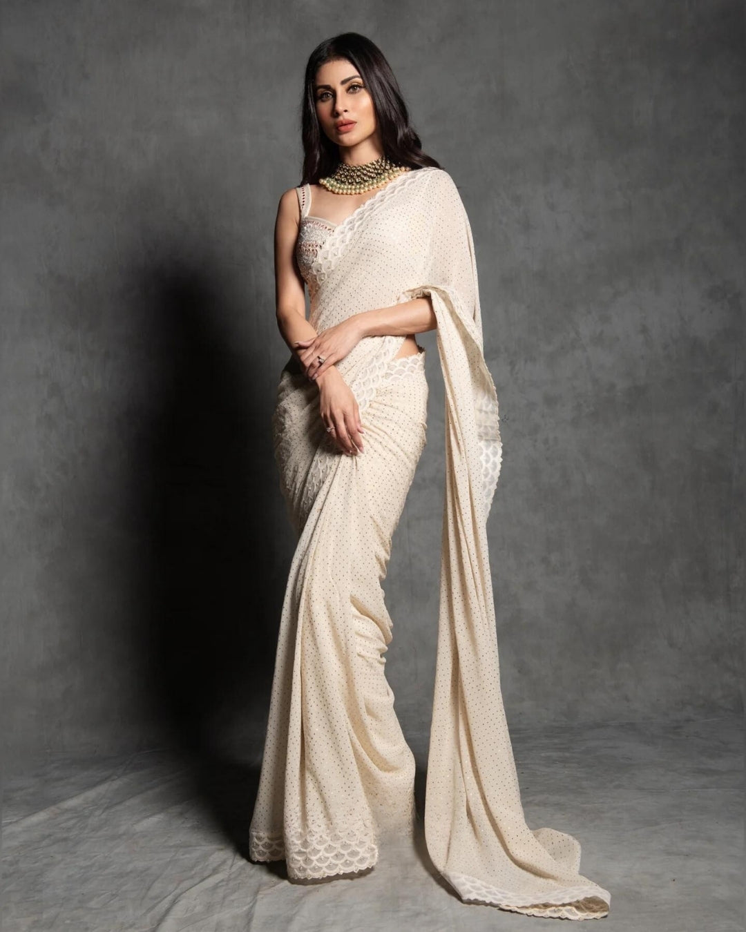 Mouni Roy Ivory Mukaish Work Saree | Elegant and Radiant Ethnic Wear