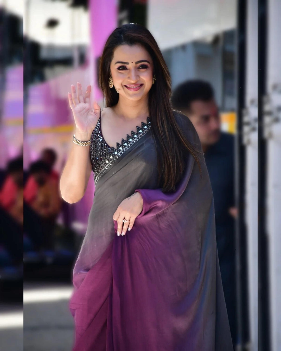 Trisha Krishnan Grey Wine Ombre Saree | Elegant and Stylish Gradient Saree