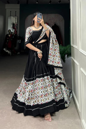 Black Patola Printed Lehenga Choli with Gota Patti Touch Up Pure Cotton Navratri Special