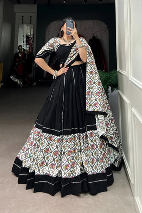 Black Patola Printed Lehenga Choli with Gota Patti Touch Up Pure Cotton Navratri Special