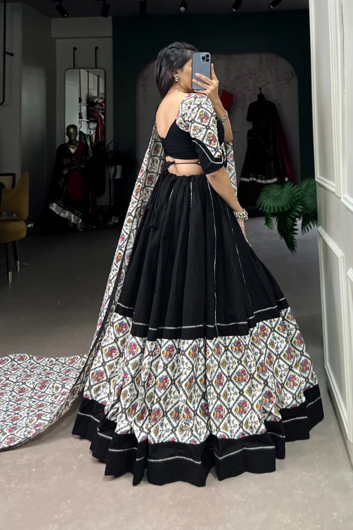 Black Patola Printed Lehenga Choli with Gota Patti Touch Up Pure Cotton Navratri Special