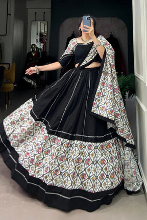 Black Patola Printed Lehenga Choli with Gota Patti Touch Up Pure Cotton Navratri Special