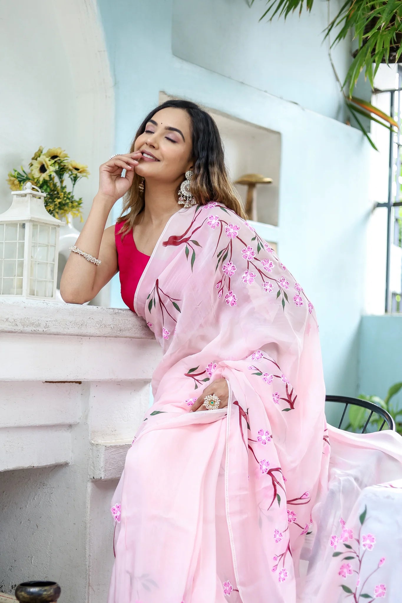 Cherry Blossom Floral Hand painted Organza Saree