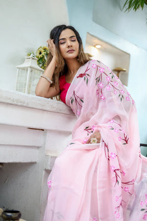 Cherry Blossom Floral Hand painted Organza Saree