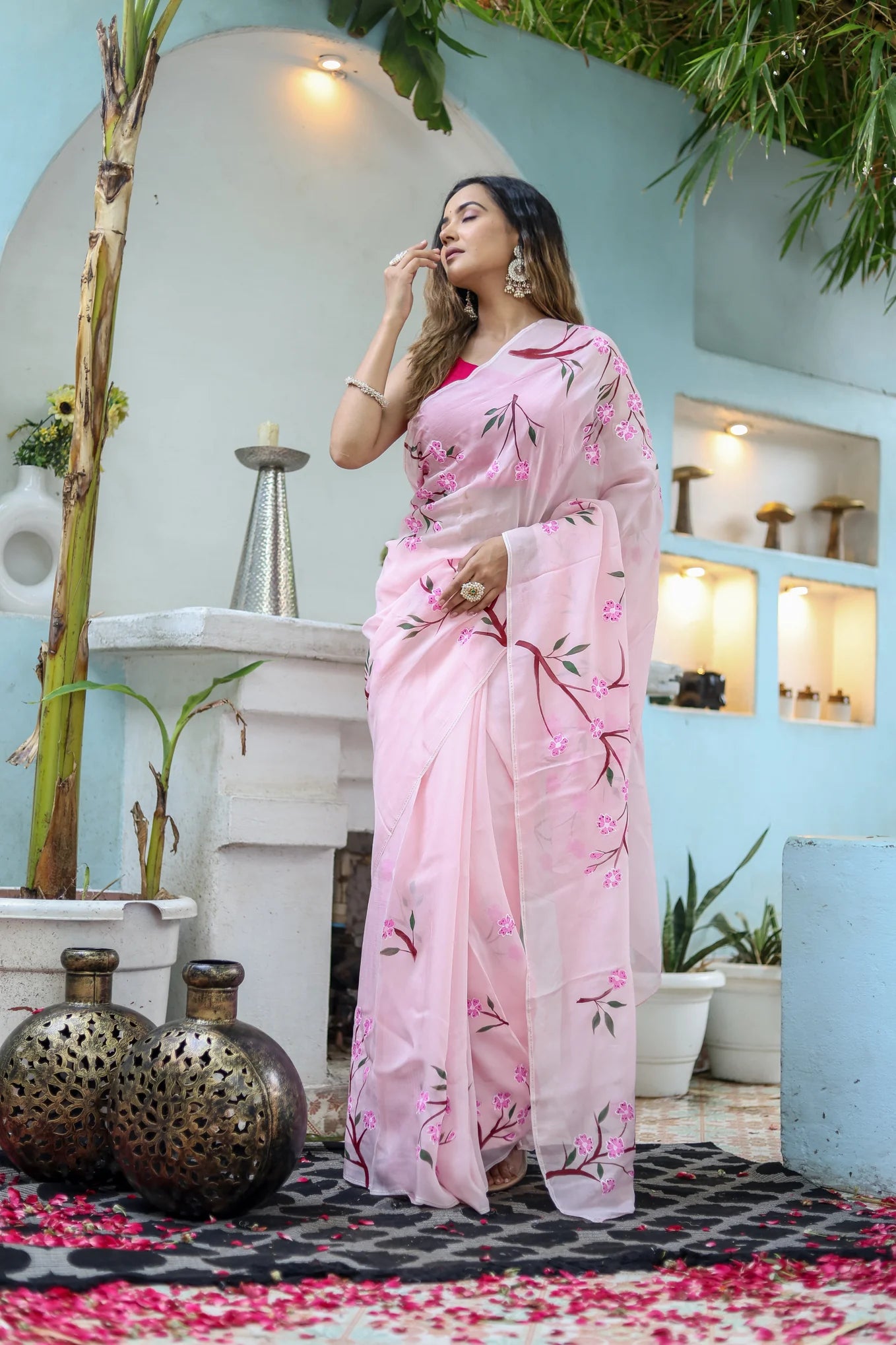 Cherry Blossom Floral Hand painted Organza Saree