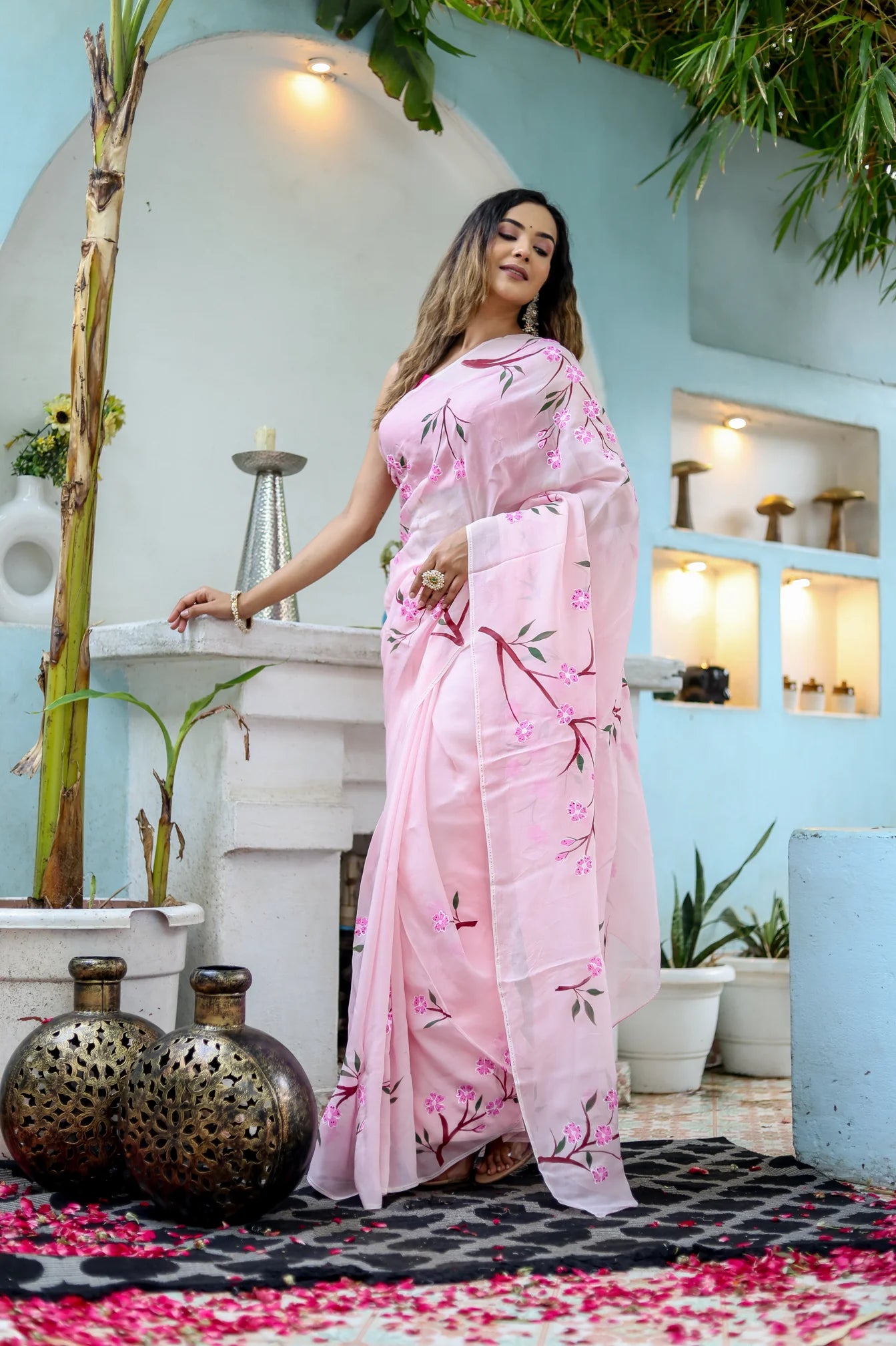 Cherry Blossom Floral Hand painted Organza Saree