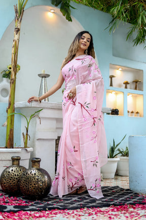 Cherry Blossom Floral Hand painted Organza Saree