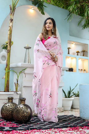 Cherry Blossom Floral Hand painted Organza Saree