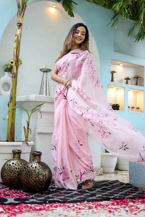 Cherry Blossom Floral Hand painted Organza Saree