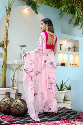 Cherry Blossom Floral Hand painted Organza Saree