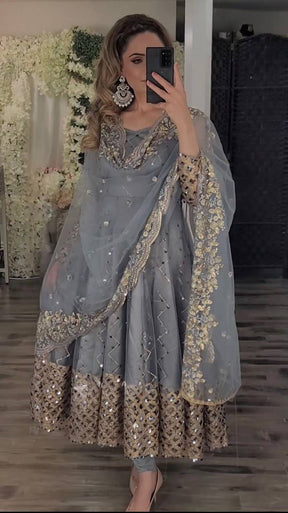 Grey Colored Real Heavy Embroidery Work Anarkali Suit Set SI 329