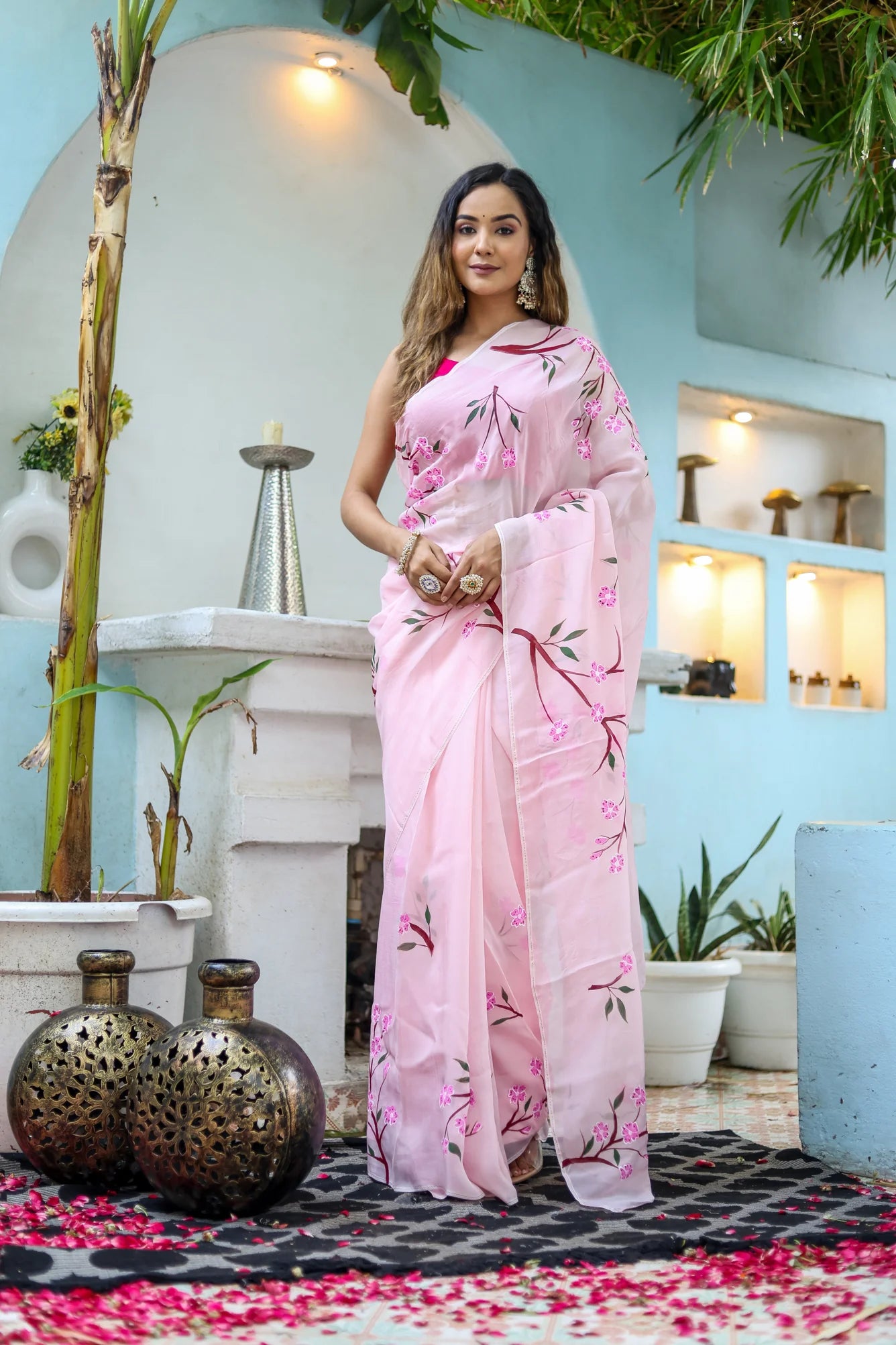 Cherry Blossom Floral Hand painted Organza Saree