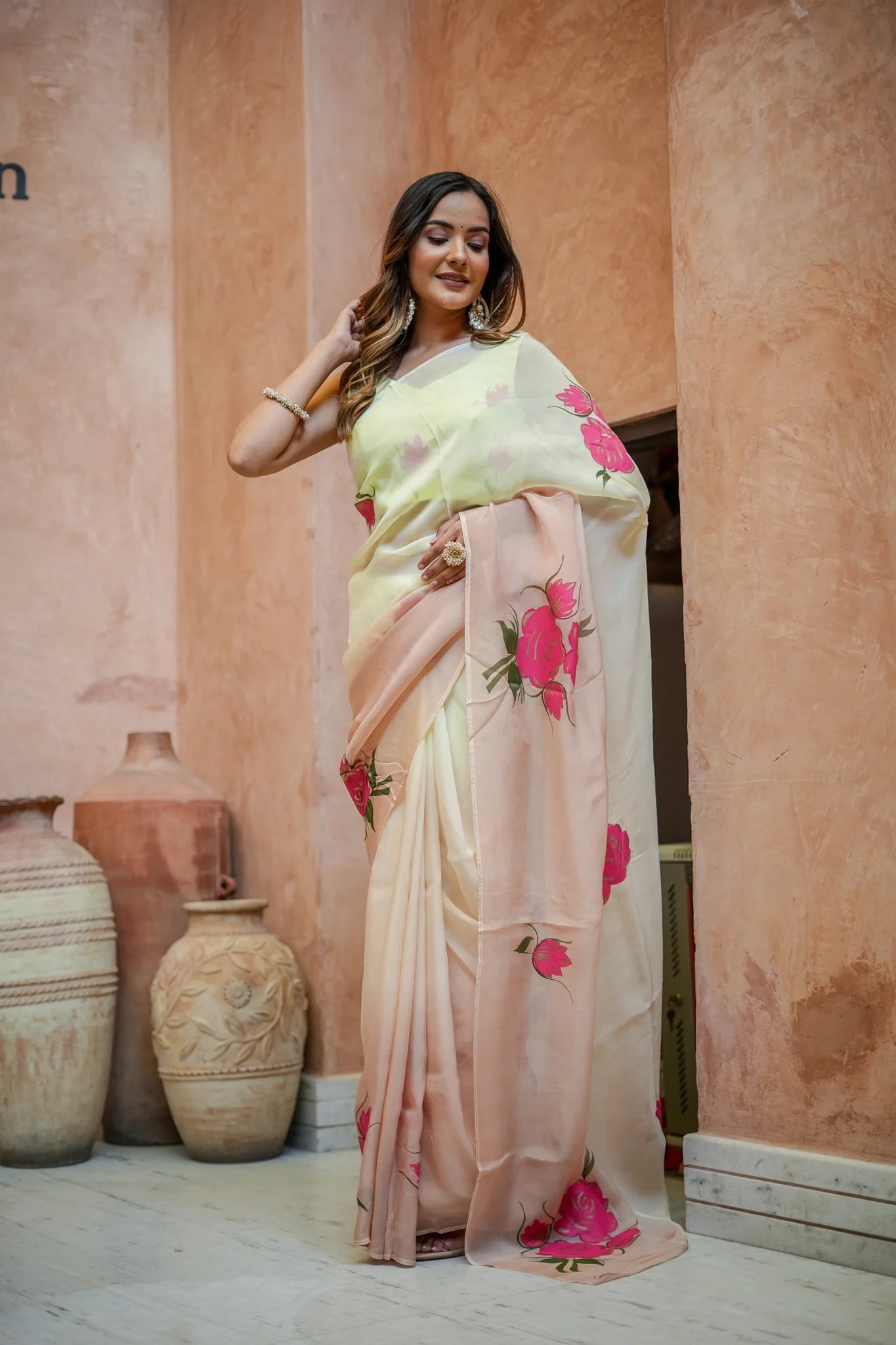 Floral Designs Organza Saree with Golden Highlights