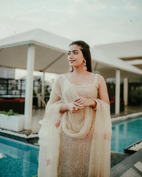 Rashmika Mandanna Gold Sequins Suit | Elegant and Dazzling Evening Attire