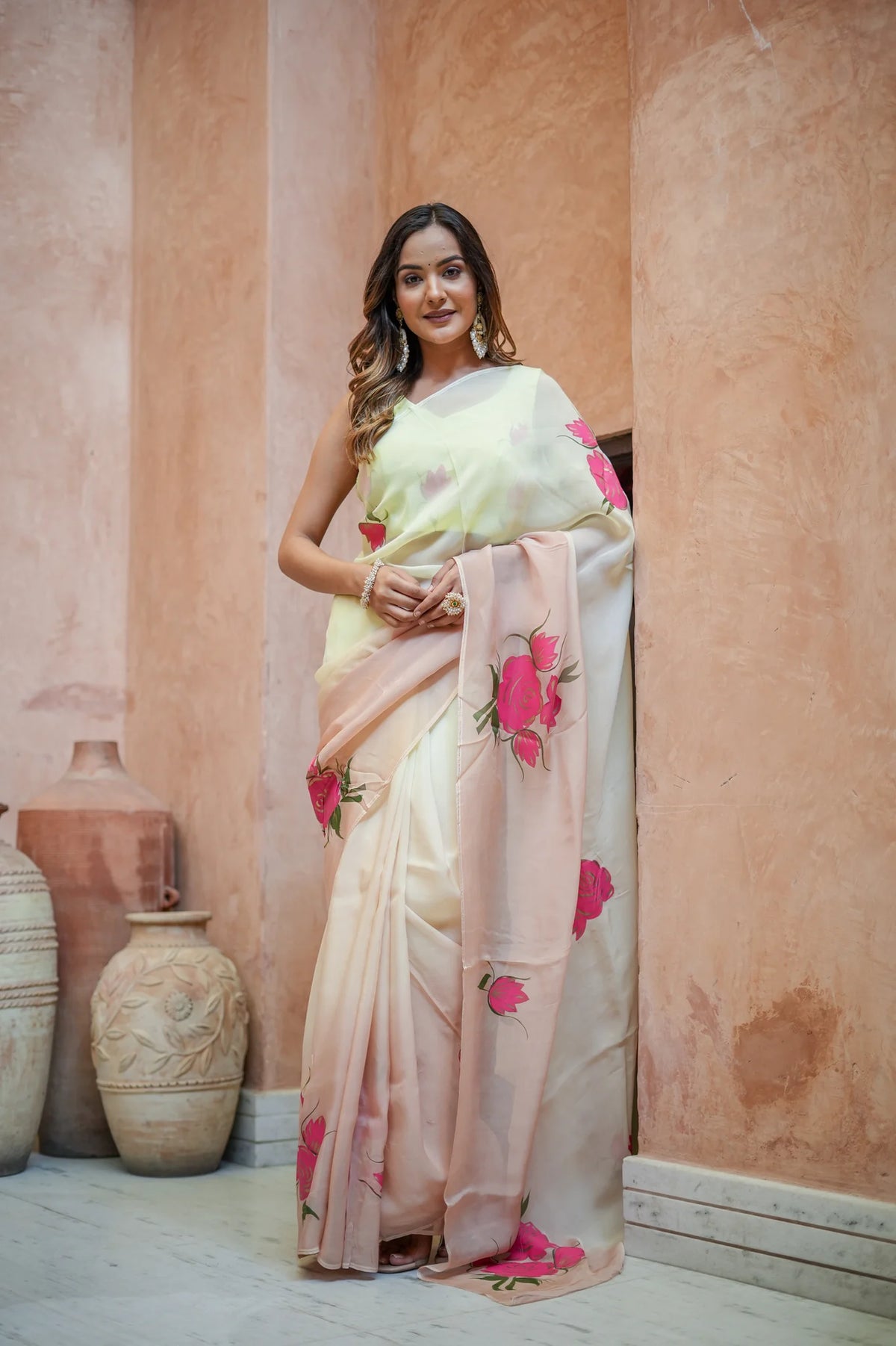 Floral Designs Organza Saree with Golden Highlights