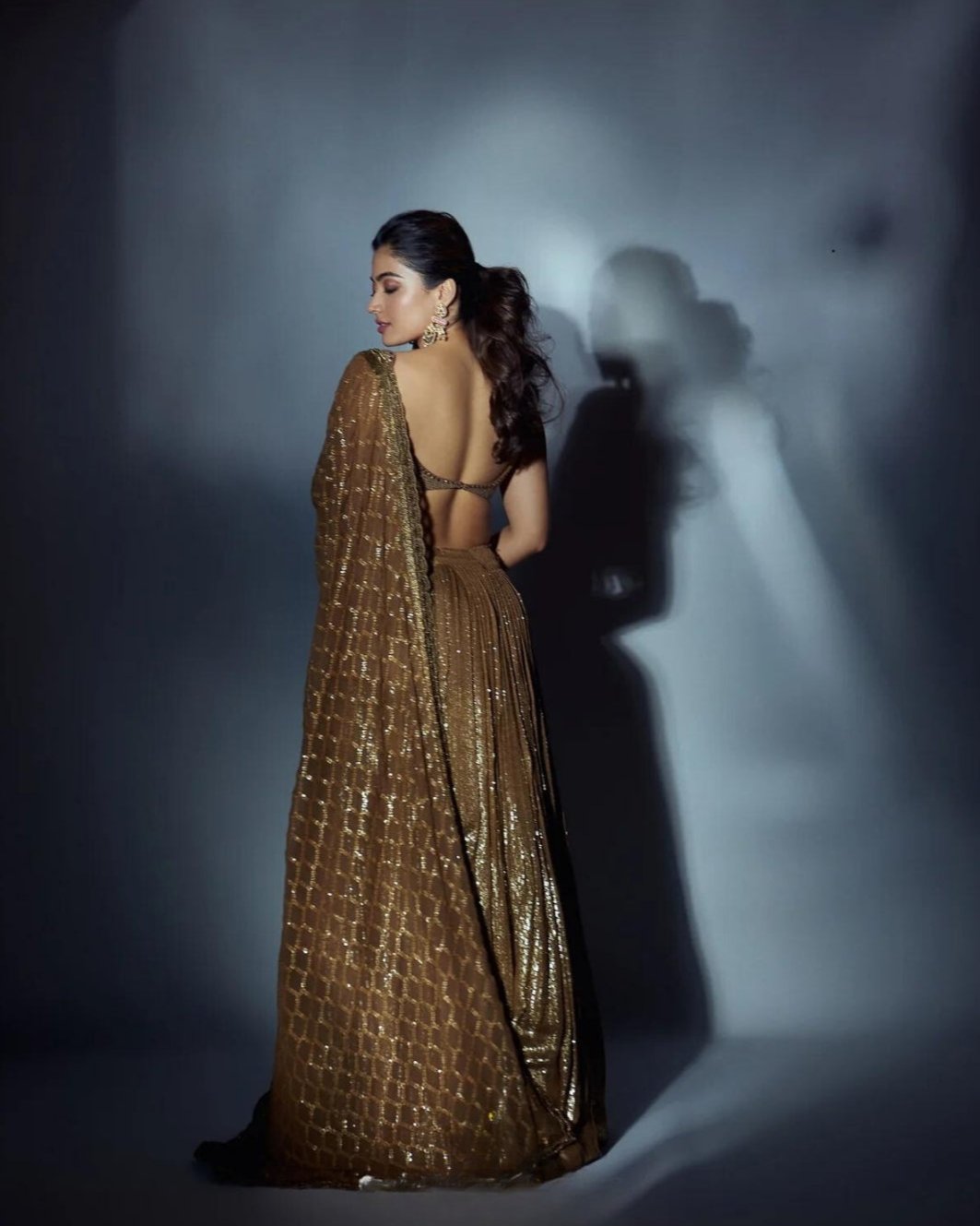 Rashmika Mandanna Coffee Gold Sequins Lehenga Set | Luxurious Ethnic Wear