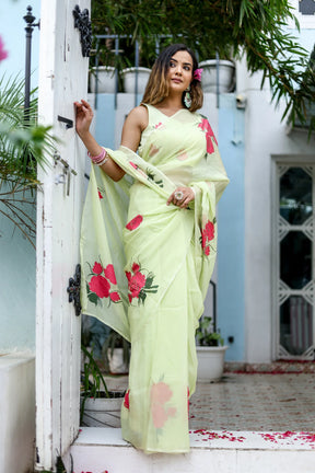 Hand painted Organza Saree with Floral Designs and Golden Highlights