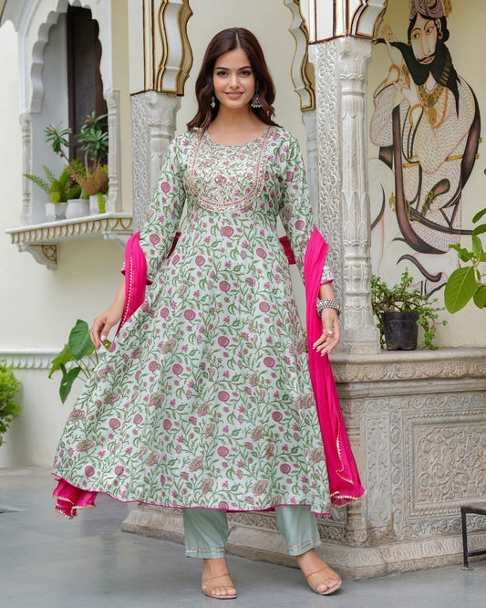 Teal Green Embroidered Anarkali Suit Set with Georgette Dupatta