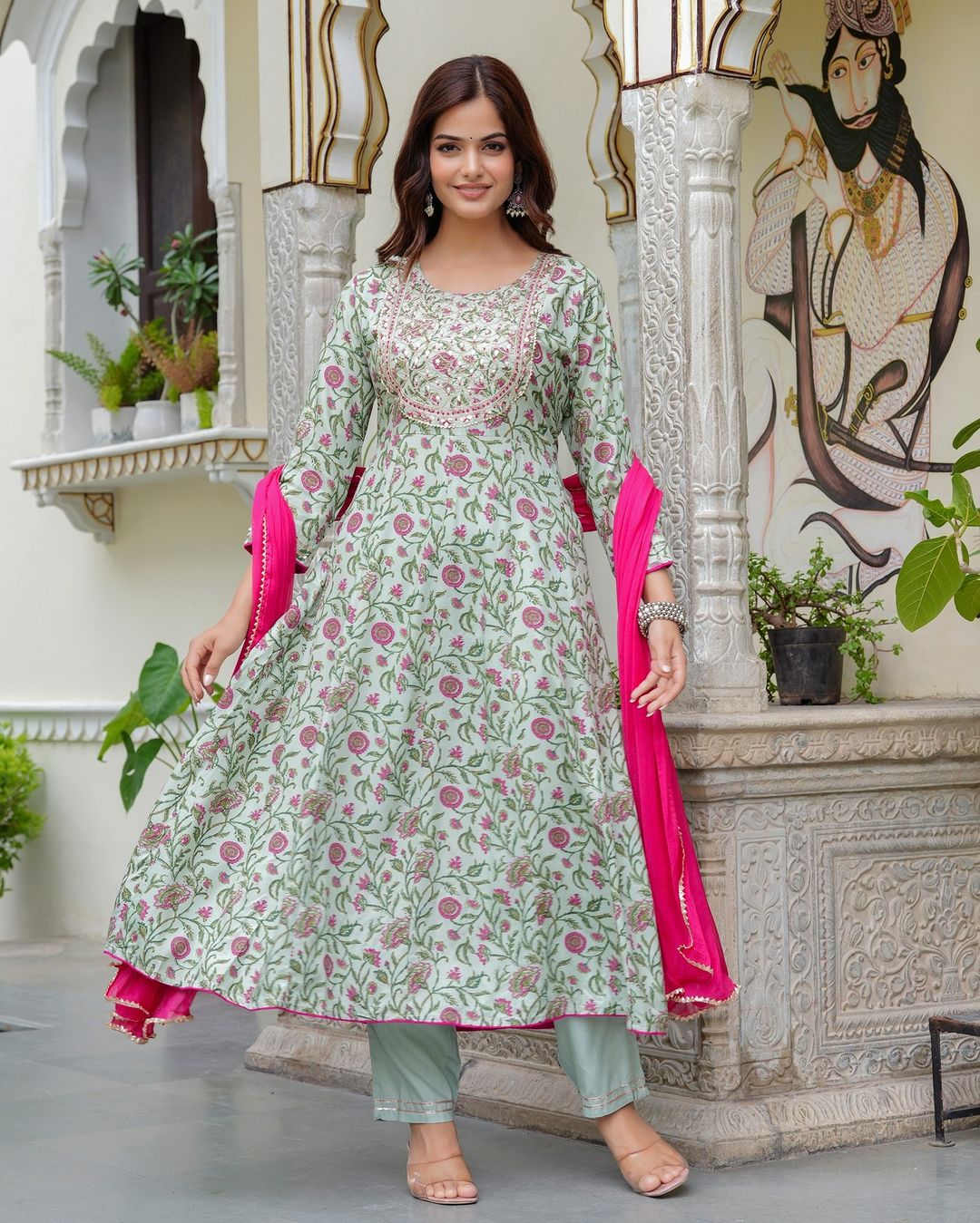 Teal Green Embroidered Anarkali Suit Set with Georgette Dupatta