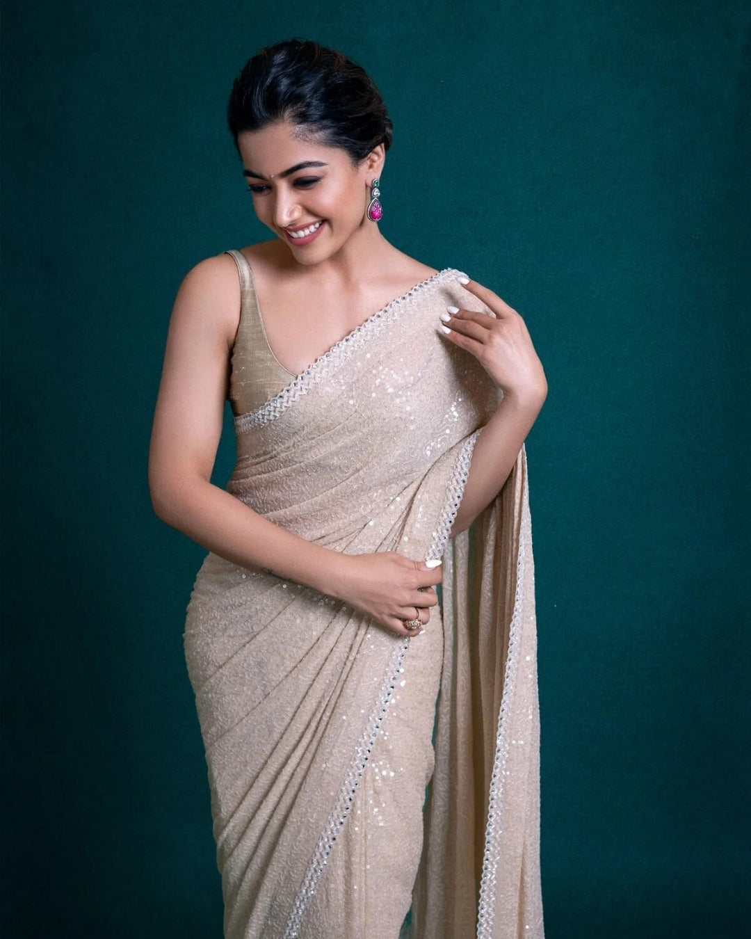 Rashmika Mandanna Beige Sequins Saree | Elegant and Sparkling Ethnic Wear