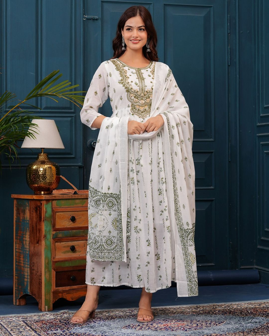 White Mulmul Anarkali Gown with Green Embroidery | Elegant Gown and Dupatta Set