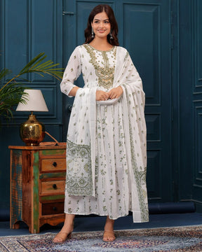 White Mulmul Anarkali Gown with Green Embroidery | Elegant Gown and Dupatta Set