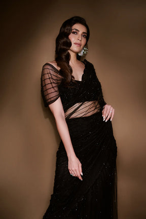 Karishma Tanna Black Crystal Saree and Blouse | Elegant and Dazzling Evening Wear