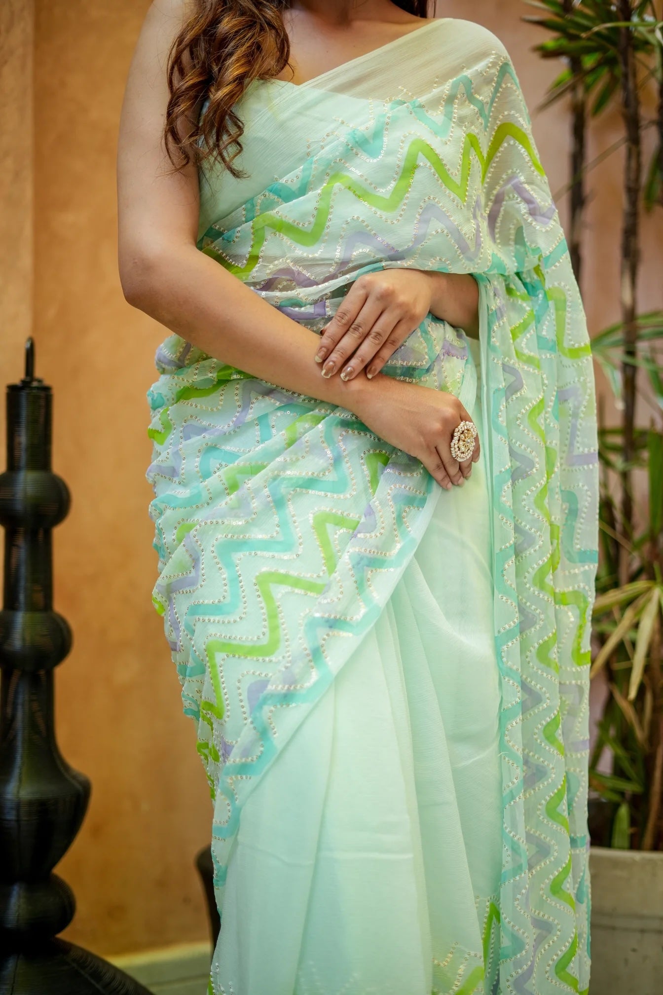 Willow Whisper Chiffon Saree with Lehriya Pattern