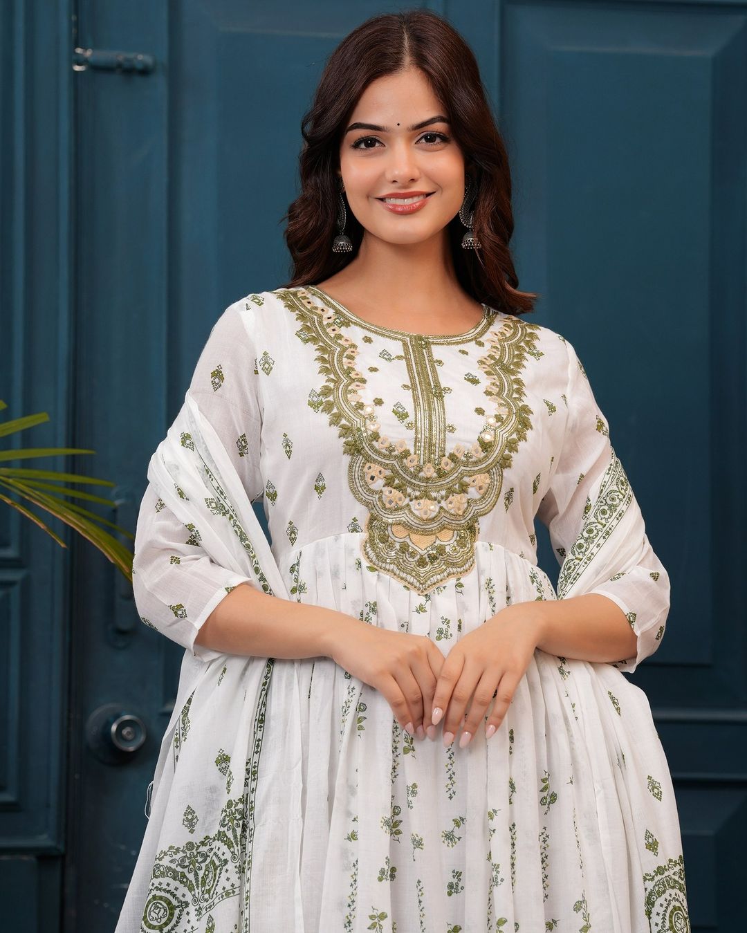 White Mulmul Anarkali Gown with Green Embroidery | Elegant Gown and Dupatta Set