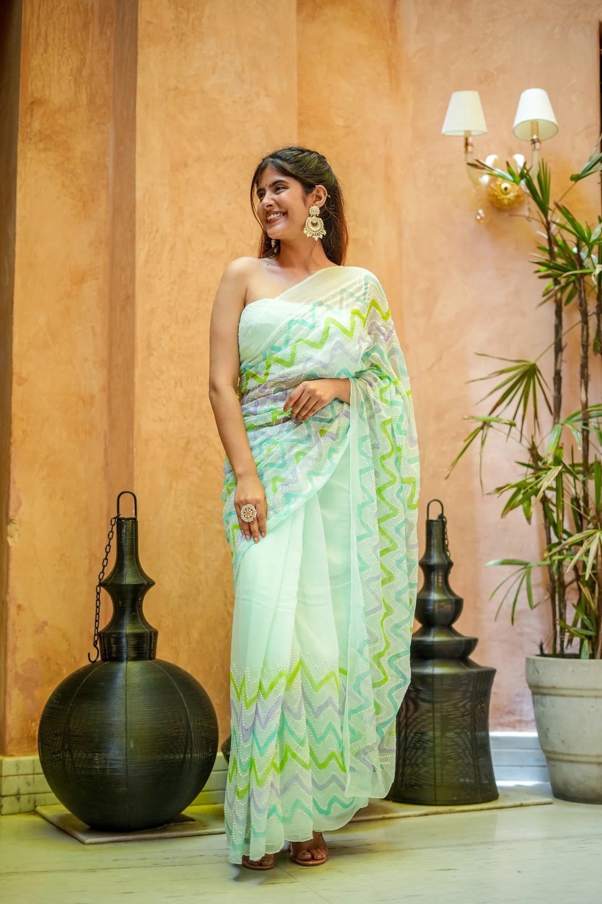 Willow Whisper Chiffon Saree with Lehriya Pattern