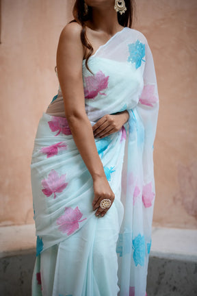 Pastel Blue Horizon Maple Chiffon Saree