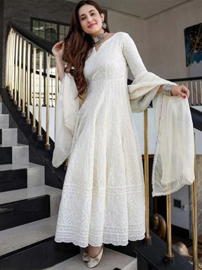 Off White Chikankari Cotton Anarkali Kurta with Dupatta | Elegant and Timeless Ethnic Wear