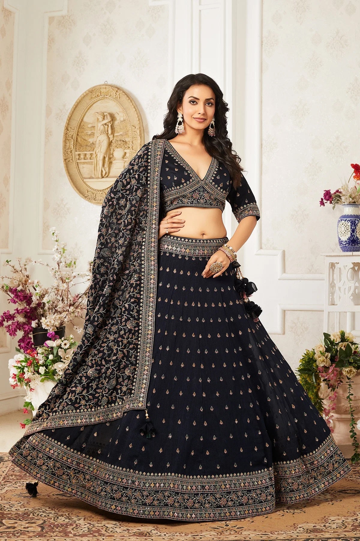 Black Umbrella Style Silk Party Wear Lehenga with Embroidered Blouse