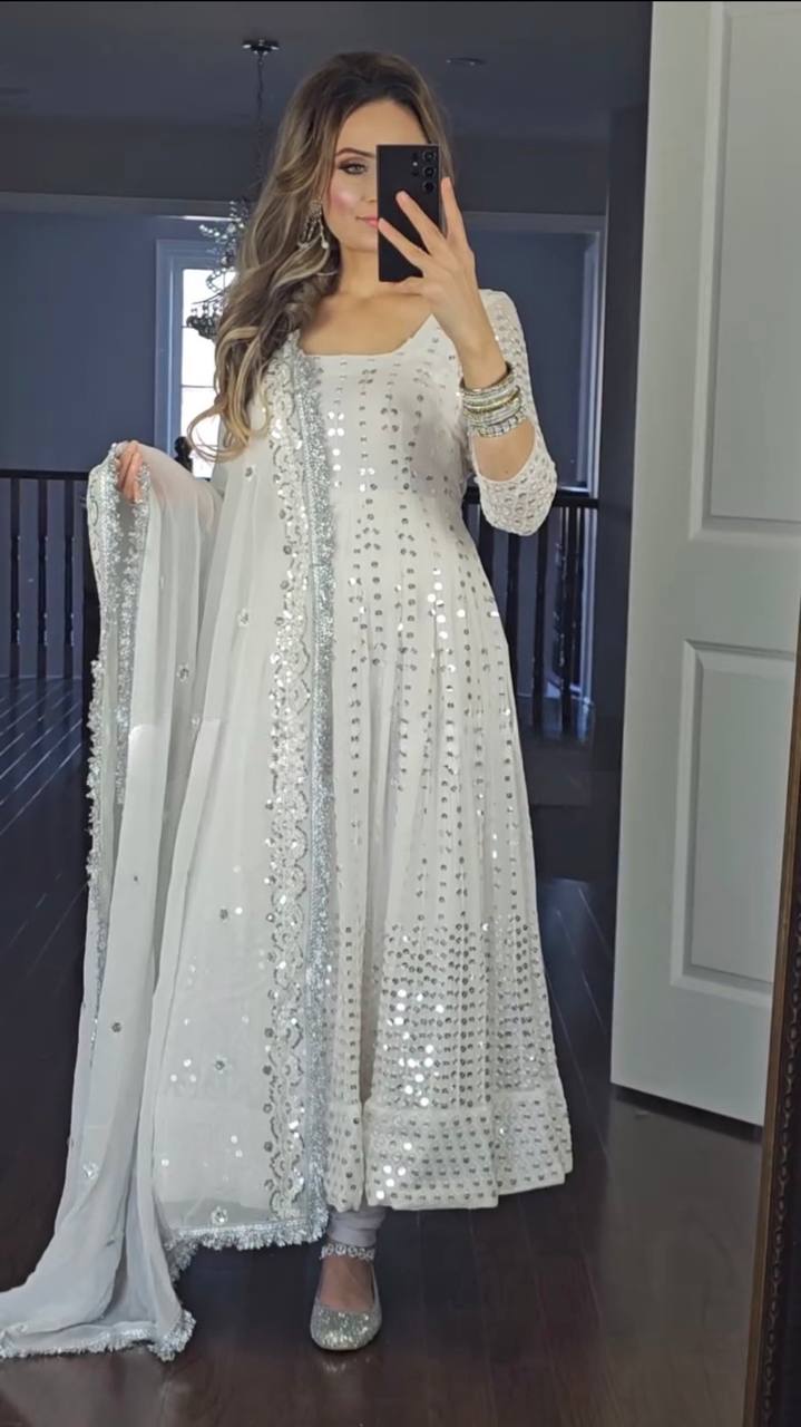 White Colored Real Heavy Embroidery Work Anarkali Suit Set SI 394