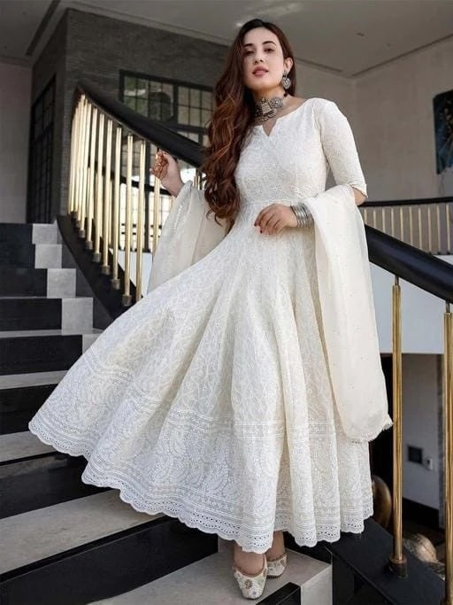 Off White Chikankari Cotton Anarkali Kurta with Dupatta | Elegant and Timeless Ethnic Wear