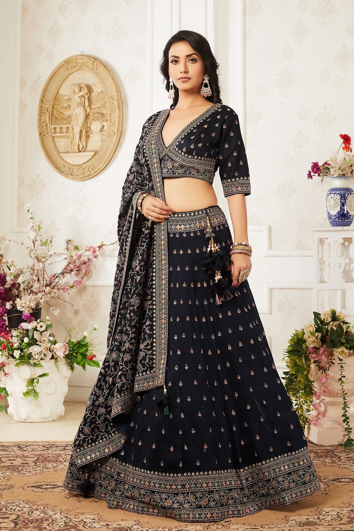 Black Umbrella Style Silk Party Wear Lehenga with Embroidered Blouse