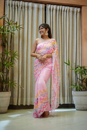 Enchanted Waves Baby Pink Chiffon Saree with Hand Embroidery