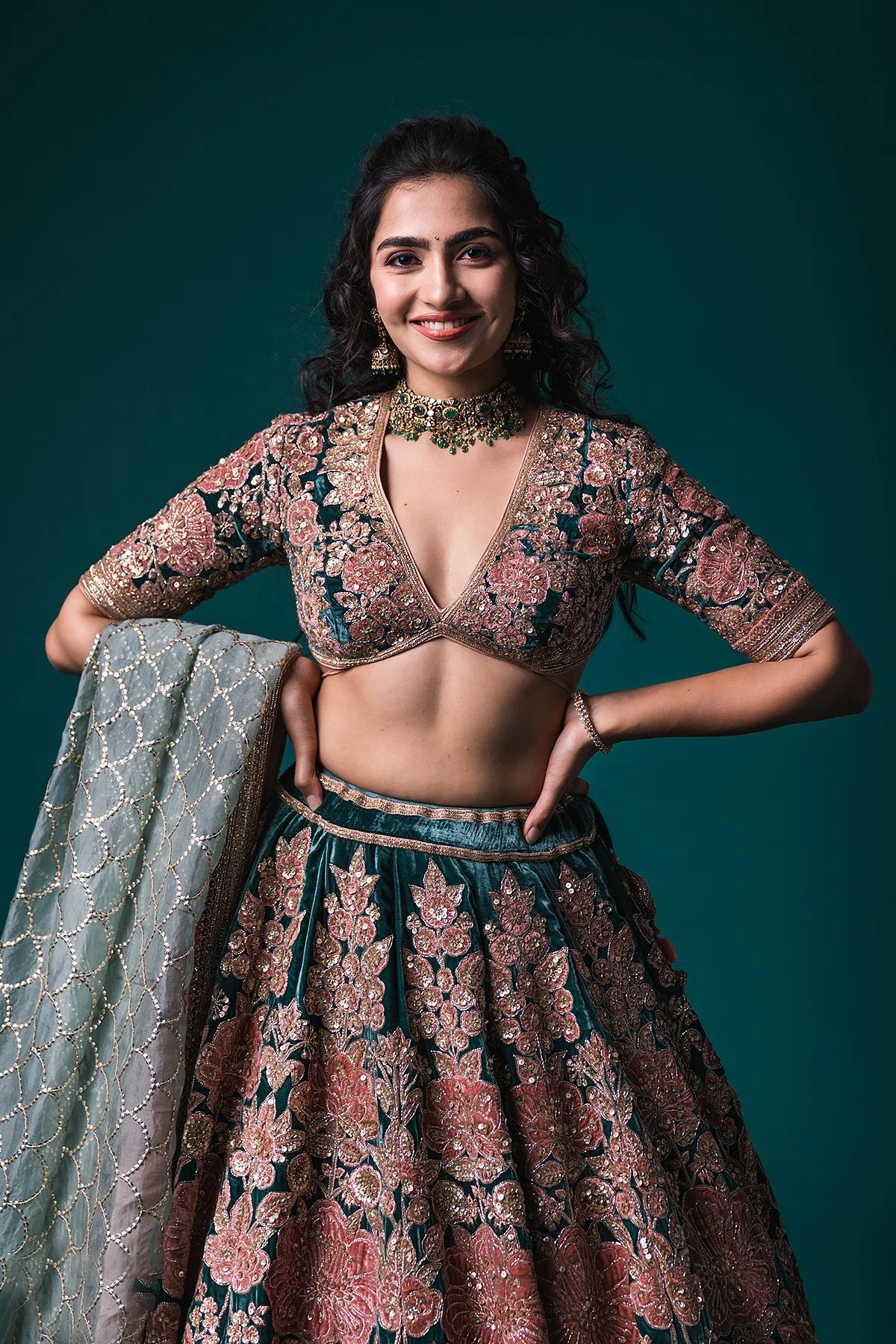 Deep Teal Applique Embroidered Velvet Wedding Lehenga