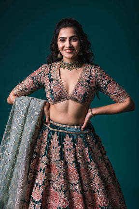 Deep Teal Applique Embroidered Velvet Wedding Lehenga