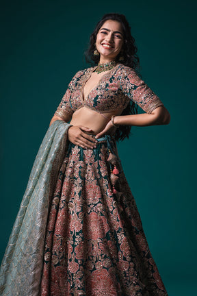 Deep Teal Applique Embroidered Velvet Wedding Lehenga