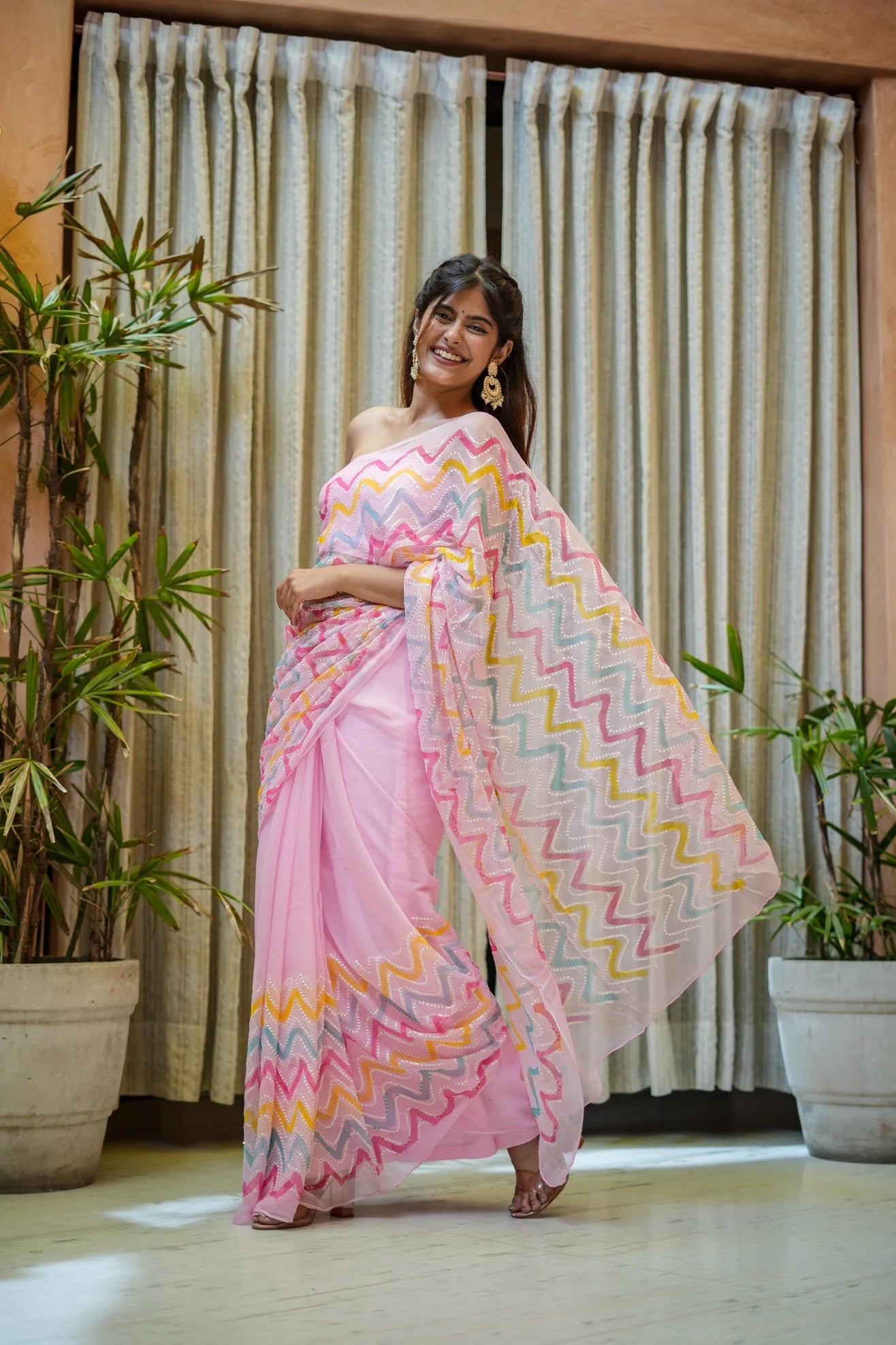 Enchanted Waves Baby Pink Chiffon Saree with Hand Embroidery