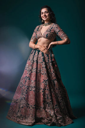 Deep Teal Applique Embroidered Velvet Wedding Lehenga