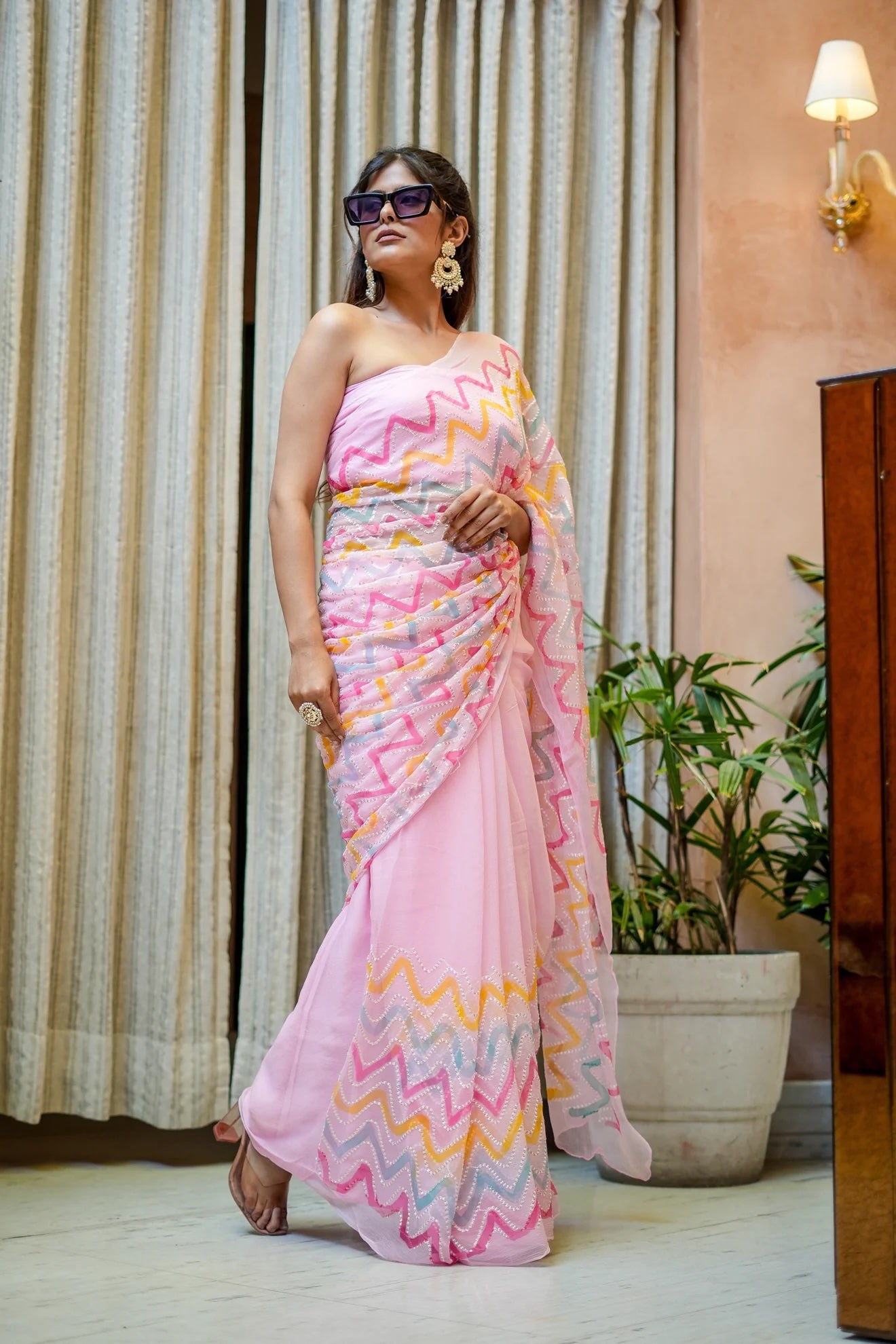 Enchanted Waves Baby Pink Chiffon Saree with Hand Embroidery