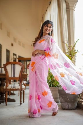 Pink Maple Chiffon Saree with Handpainted Designs