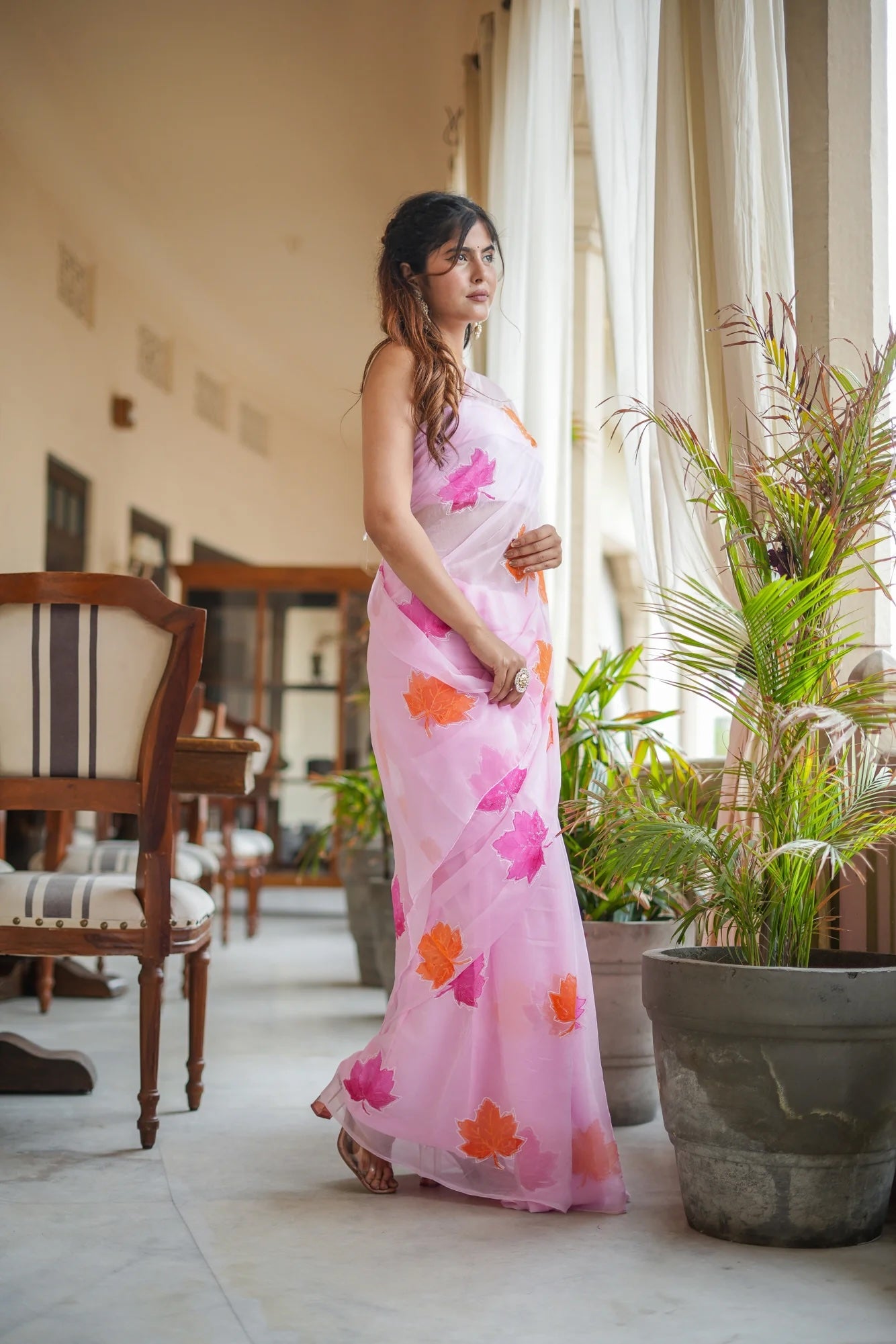 Pink Maple Chiffon Saree with Handpainted Designs