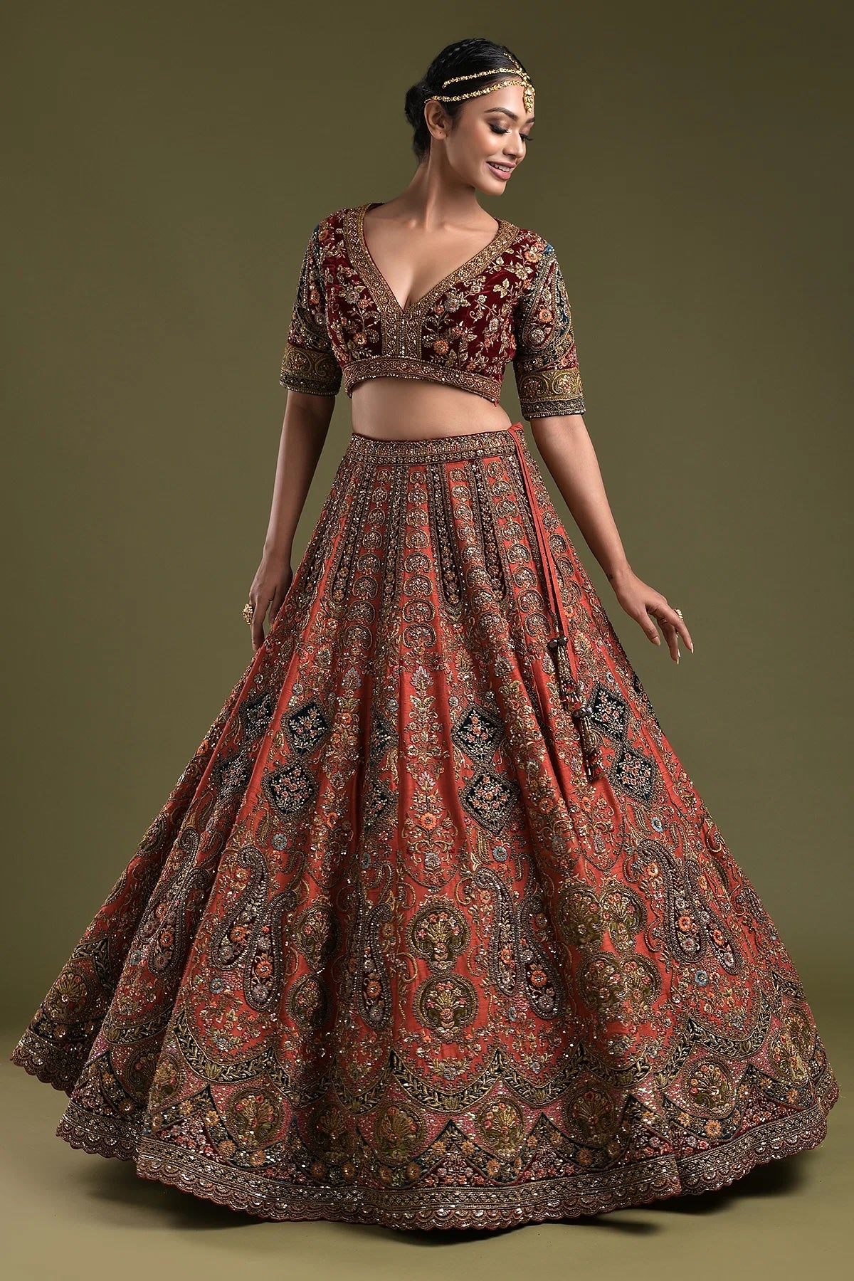 Rust Orange Sequins Embroidered Raw Silk Bridal Lehenga