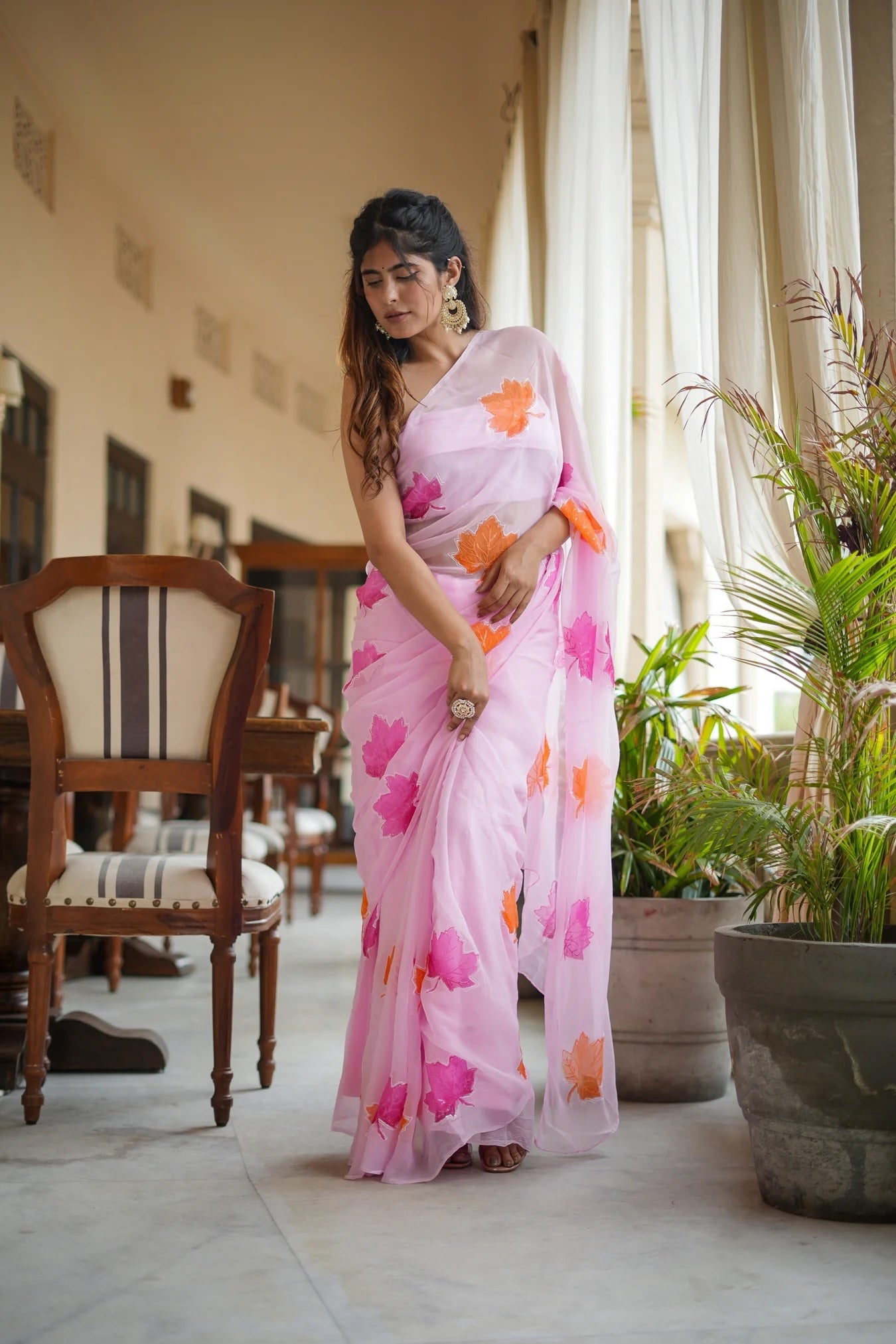 Pink Maple Chiffon Saree with Handpainted Designs